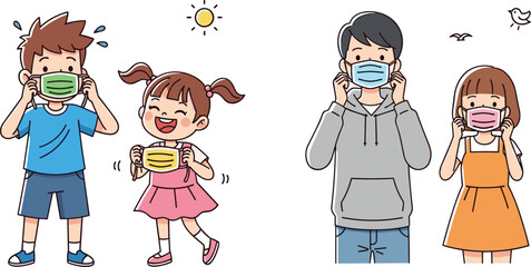 Children and adults wearing masks, cartoon health scene, cheerful vs calm behavior, expressive emotion contrast, safety gesture, outdoor moment illustration