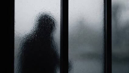 Silhouette of a person behind frosted glass, creating a mysterious atmosphere.