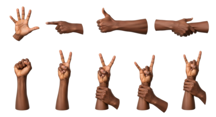 Multiple African-American hands and forearms displaying diverse gestures (counting, pointing, thumbs-up, fist, peace), isolated on a transparent studio background. Concept of human gestures.