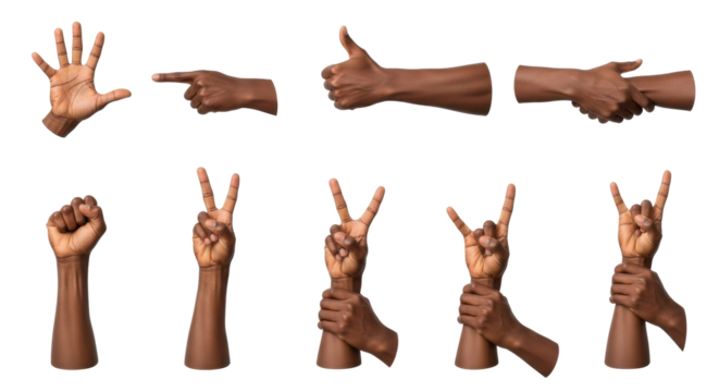 Multiple African-American hands and forearms displaying diverse gestures (counting, pointing, thumbs-up, fist, peace), isolated on a transparent studio background. Concept of human gestures.