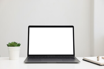 Laptop, notebook with pen and plant on white desk indoors. Mockup for design
