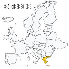 Obraz premium GREECE country highlighted in yellow on Europe continent map detailed vector illustration, for projects and presentation 