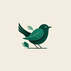 Obraz premium Stylized illustration of a dark green bird with leaves accenting, on a light beige background