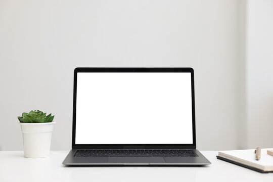 Laptop, notebook with pen and plant on white desk indoors. Mockup for design