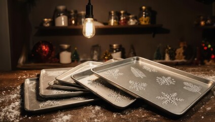 Snowflake Cookie Sheets on a Wooden Countertop.