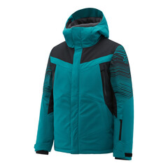 Teal and black winter jacket with hood on transparent background