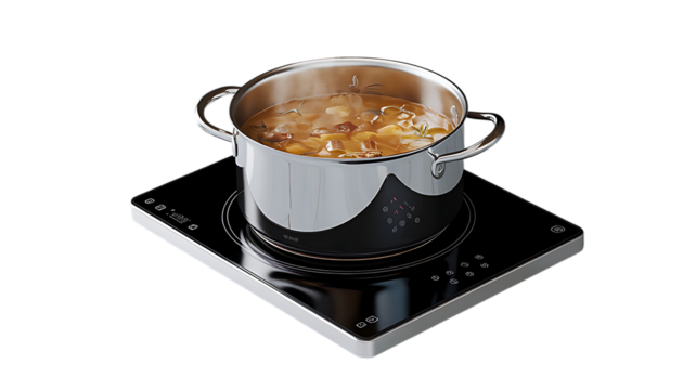 3d rendered image of a stainless steel pot cooking food on a modern induction stovetop with radiant heat isolated on transparent background