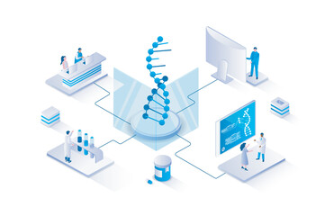 Medical laboratory 3d isometric concept with isometry people design for web. Scientists team doing medical research in lab, studying dna molecule, making genetic experiments. Vector illustration.