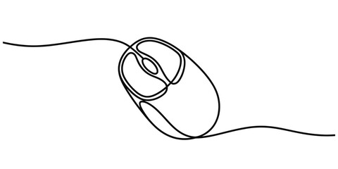Continuous single line drawing of a computer mouse with a wire vector