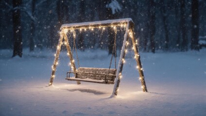 Snowy Swing Set Aglow with Winter Lights in a Forest.