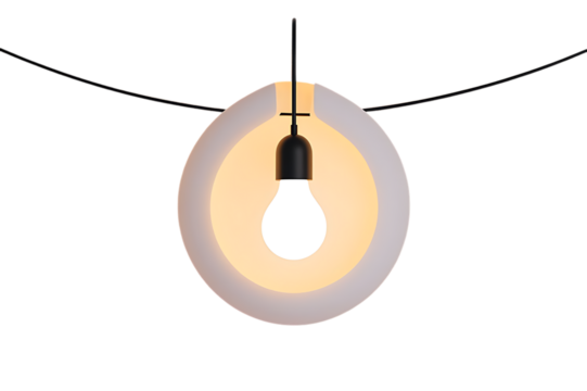 Single glowing light bulb suspended in darkness illuminating a frosted globe shade isolated on transparent background