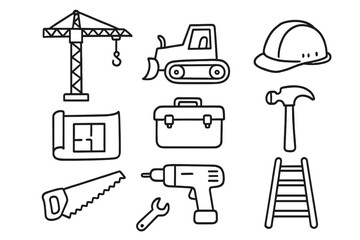 Construction Doodle Icons. Construction doodle icon set: hand drawn icons of crane, bulldozer, hard hat, blueprint, toolbox,