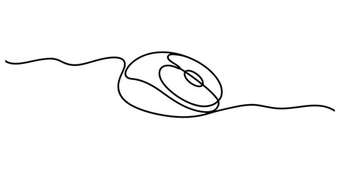 Continuous one line drawing of a computer mouse with its connected cable flowing gracefully across the frame vector