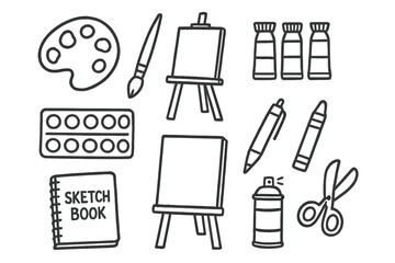 Artist Tools Doodle. Artist profession doodle icon set: hand drawn icons of palette, brush, easel, paints, canvas, sketchbook, pen
