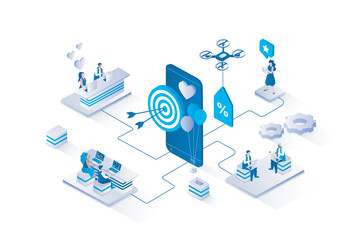 Naklejka na ściany i meble Mobile marketing service 3d isometric concept with isometry people design for web. Team doing market research, targeting audience, making promotion and advert in smartphone app. Vector illustration.