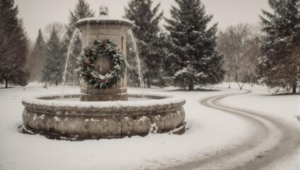Snowy Fountain with Wreath in Winter Landscape.
