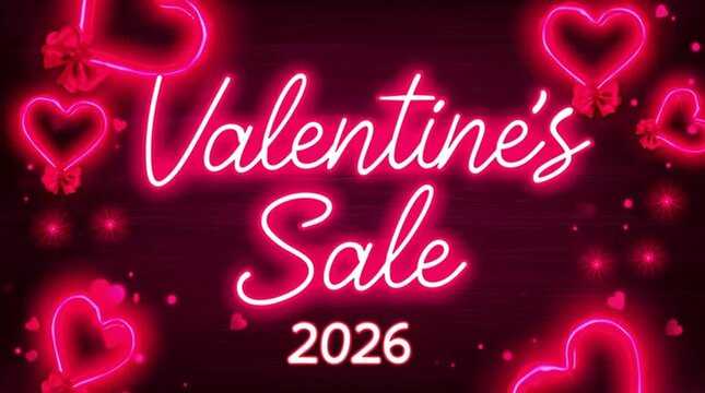 Valentine&rsquo;s Day glossy commercial banner, red and pink glowing background, heart shapes, luxury gift box with ribbon, bold text "Valentine&rsquo;s Sale 2026"