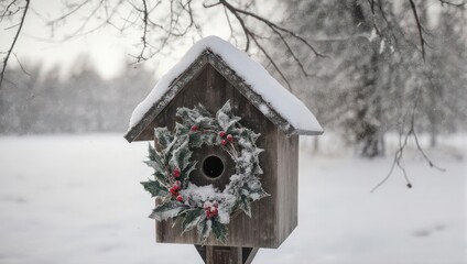 Snow-covered birdhouse adorned with a festive wreath in winter landscape.