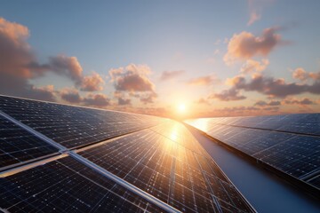 Array of solar panels against a vibrant sky as the sun sets, capturing renewable energy at golden hour. Sustainable power generation shown.