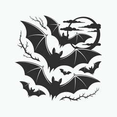 Happy halloween bats silhouette t shirt design, Spooky Bat Vector Art for Halloween T-Shirts, Scary Flying Bats, Digital Artwork, horror art, haunted night, Black Bats, Spooky bat vector art, 
