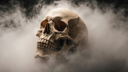 Skull engulfed in smoke, a symbol of mortality and mystery.