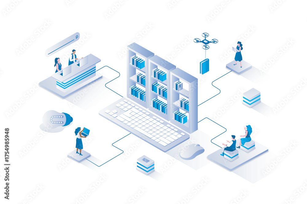 Wall mural online library 3d isometric concept with isometry people design for web. students reading e-books an
