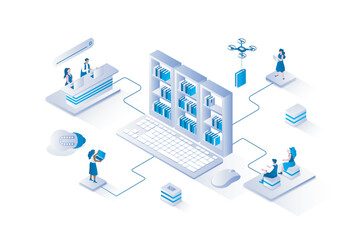 Online library 3d isometric concept with isometry people design for web. Students reading e-books and textbooks using laptops, taking books in online bookstore or digital archive. Vector illustration.