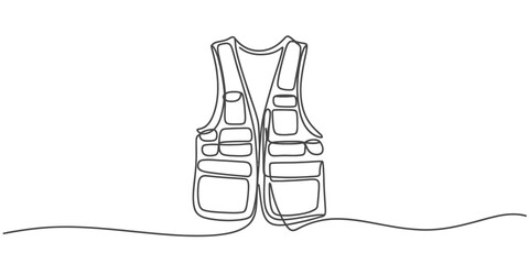 Continuous one line drawing of a utility vest with multiple pockets and straps vector