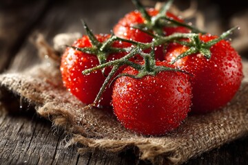 Small red tomatoes showing freshness and healthy eating on rustic background