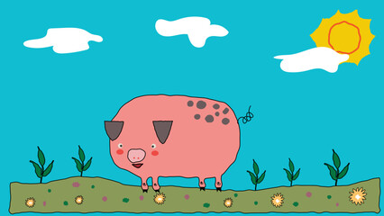 This charming hand-drawn sketch depicts a pig in a whimsical, childlike style. The simple lines and playful, naive look of the drawing convey the innocence and creativity of childhood.