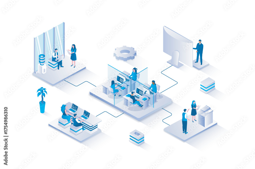 Wall mural open space office 3d isometric concept with isometry people design for web. employees working in cow