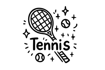 Obraz premium Tennis Magic Doodle. Doodle tennis racket with stars, balls, and sparkles, center word “Tennis” in black and white isolated