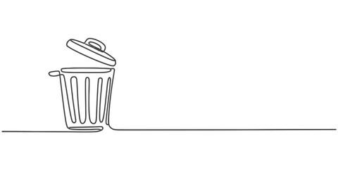 Minimalist continuous line drawing of an open trash can with a simple base line vector