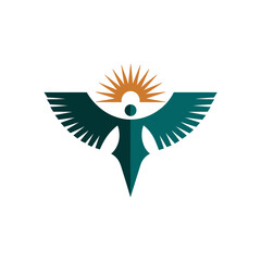Obraz premium Geometric logo depicting winged figure beneath sunburst, in shades of teal and gold