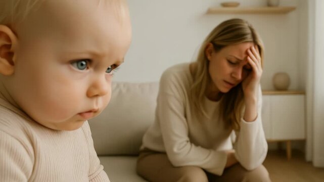 A distressed mother sits on the couch, overwhelmed by her emotions. Her baby is in the foreground, seemingly unaware of her struggle.