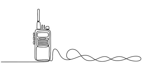 Continuous single line art illustration of a walkie talkie device with its antenna and coiled cable vector