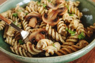 fusilli pasta, in creamy mushroom sauce, pasta with mushrooms, homemade, no people,