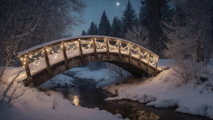 Snowy Bridge at Night - A Winter Wonderland Scene.