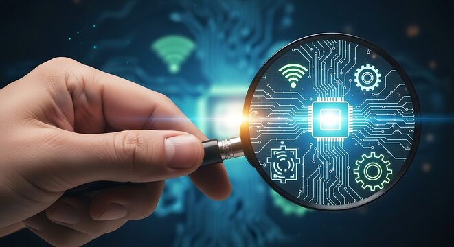 Hand holding magnifying glass over circuit board with wifi and gear icons on a blue background - Powered by Adobe
