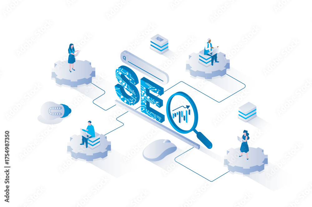 Wall mural seo optimization 3d isometric concept with isometry people design for web. people doing research and
