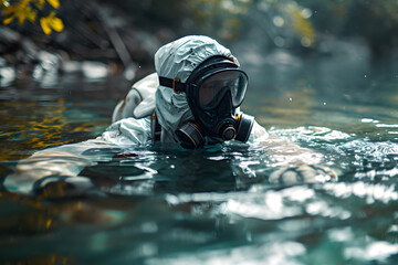 Diver wearing protective gear swims in a calm waterway surrounded by nature in a remote location during daylight hours