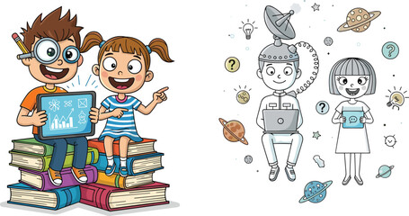 Children exploring learning tools, cartoon education scene, traditional vs futuristic contrast, expressive emotion, tablet and satellite tech, curiosity and ideas illustration