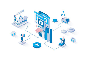 Naklejka na ściany i meble SMM 3d isometric concept with isometry people design for web. Team analyzing data and developing online promotion strategy, making new posts with sharing promo information. Vector illustration.