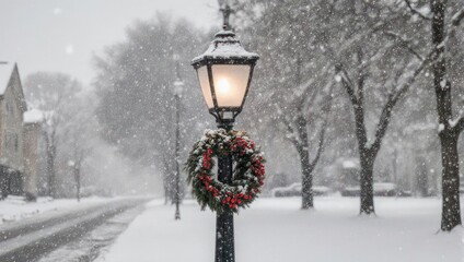 Snowy street scene with a decorated lamppost during winter.
