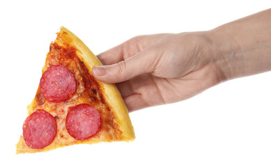 Woman holding piece of delicious pepperoni pizza on white background, closeup