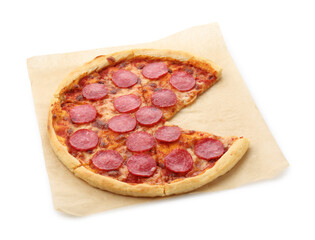 Delicious cut pepperoni pizza isolated on white