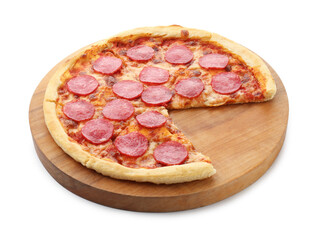 Delicious cut pepperoni pizza isolated on white