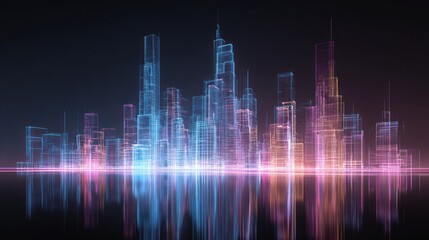 Fototapeta premium Abstract digital cityscape illustration with illuminated buildings and reflections