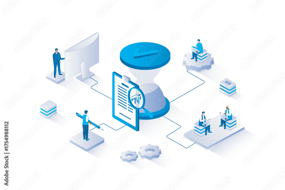 Wall mural time management 3d isometric concept with isometry people design for web. people controlling time an
