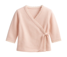 Soft pastel baby wrap shirt featuring delicate lace trim.